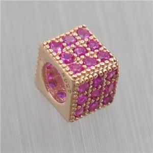 European style Sterling Silver cube beads paved zircon, rose gold, approx 5x6x6mm, 4mm hole