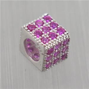European style Sterling Silver cube beads paved zircon, platinum plated, approx 5x6x6mm, 4mm hole
