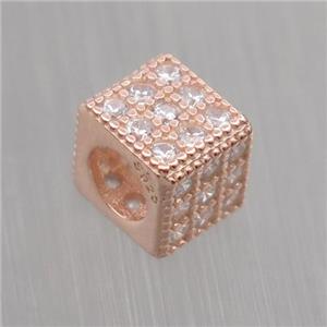 European style Sterling Silver cube beads paved zircon, rose gold, approx 5x6x6mm, 4mm hole