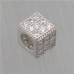European style Sterling Silver cube beads paved zircon, platinum plated, approx 5x6x6mm, 4mm hole