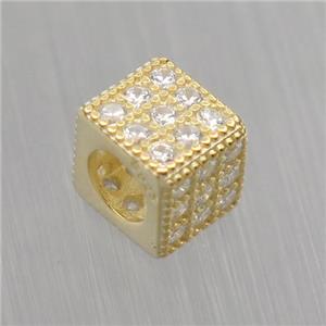 European style Sterling Silver cube beads paved zircon, gold plated, approx 5x6x6mm, 4mm hole