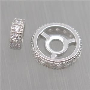 Sterling Silver rondelle beads paved zircon, platinum plated, approx 6mm dia