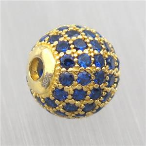 round Sterling Silver beads paved blue zircon, gold plated, approx 6mm dia