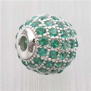round Sterling Silver beads paved green zircon, platinum plated, approx 10mm dia