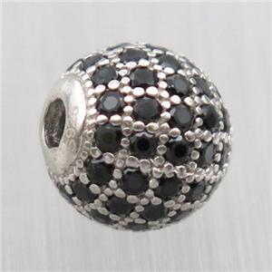 round Sterling Silver beads paved black zircon, platinum plated, approx 10mm dia