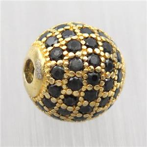 round Sterling Silver beads paved black zircon, gold plated, approx 8mm dia