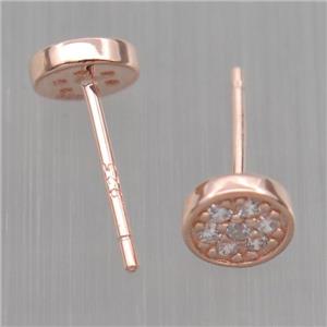 Sterling Silver studs Earrings paved zircon, circle, rose gold, approx 6mm