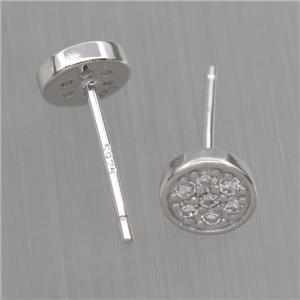 Sterling Silver studs Earrings paved zircon, circle, platinum plated, approx 6mm