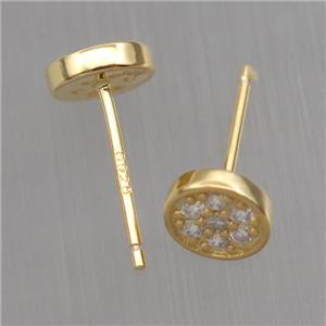 Sterling Silver studs Earrings paved zircon, circle, gold plated, approx 6mm