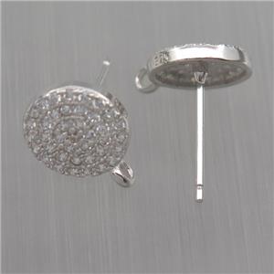 Sterling Silver studs Earrings paved zircon with loop, circle, platinum plated, approx 9mm dia
