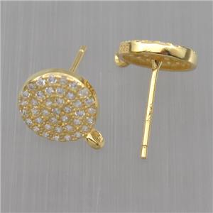 Sterling Silver studs Earrings paved zircon with loop, circle, gold plated, approx 9mm dia