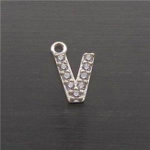Sterling Silver V-Letter Pendant Pave Zircon, approx 5-8mm