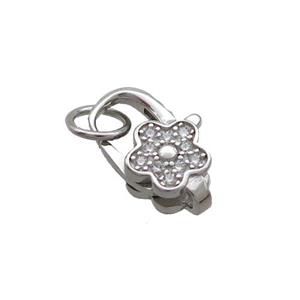 Sterling Silver Lobster Clasp Pave Zircon Flower Platinum Plated, approx 8-12mm