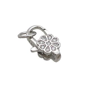 Sterling Silver Lobster Clasp Pave Zircon Flower Platinum Plated, approx 8-12mm