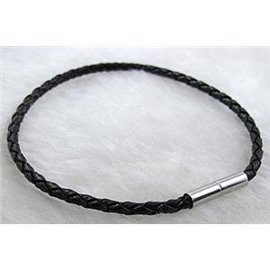 PU Leather Rope Bracelets, magnetic clasp, black, 3mm dia, 8 inch length