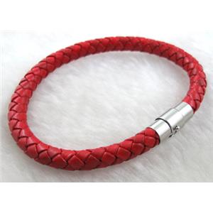 red Leather Bracelet, magnetic clasp, 6mm dia,8 inch length