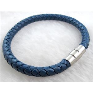 Leather Bracelet, magnetic clasp, deep blue, 6mm dia,8 inch length