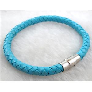 Leather Bracelet, magnetic clasp, blue, 6mm dia,8 inch length