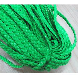 PU leather cord, braided, flat, green, approx 6mm wide