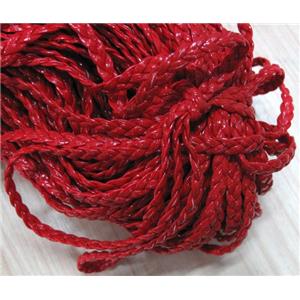 PU leather cord, braided, flat, red, approx 6mm wide