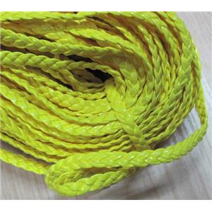 PU leather cord, braided, flat, yellow, approx 6mm wide