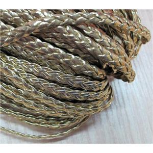 PU leather cord, flat, gold plated, braided, approx 6mm wide
