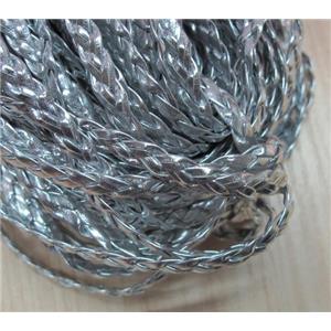 PU leather cord, flat, silver plated, braided, approx 6mm wide