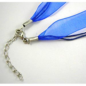 Waxed Necklace Cord, Ribbon, lobster clasp, Blue, 16 inch length, ribbon:9mm,waxed wire:1mm