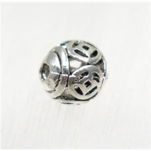 hollow tibetan silver round alloy beads, non-nickel, approx 8mm dia
