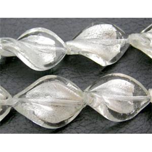 White Handmade Twist Silver Foil Glass Bead, 15x20mm, 20beads per st.