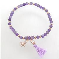 purple Amethyst Bracelet with tassel, stretchy, approx 4mm, 50mm dia