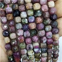Natural Tourmaline Beads Multicolor Faceted Cube, approx 7-8mm