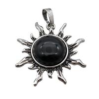Black Onyx Agate Sun Alloy Pendant Antique Silver, approx 33mm