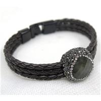 Labradorite pave rhinestone, black PU leather cuff bracelet, approx 60mm dia