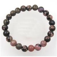 round Chinese Rhodonite bead bracelet, stretchy, approx 8mm, 60mm dia
