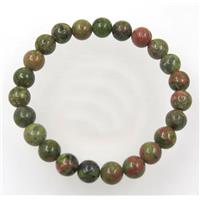 green Unakite bead bracelet, round, stretchy, approx 8mm, 60mm dia