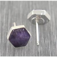 Amethyst hexagon earring studs, 925 silver plated, approx 8mm