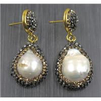 freshwater Pearl earring paved rhinestone, approx 15-22mm