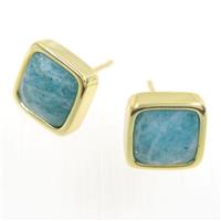 Amazonite earring studs, square, gold plated, approx 10mm