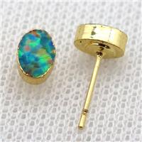 synthetic Fire Opal oval Stud Earrings, gold plated, approx 5-8mm