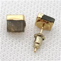 Labradorite Stud Earrings, square, gold plated, approx 7mm