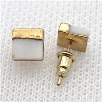 white Pearlized Shell square Stud Earrings, gold plated, approx 7mm