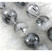 Black Rutilated Quartz beads, faceted round, Grade-AA, approx 14mm dia, 15.5 inches