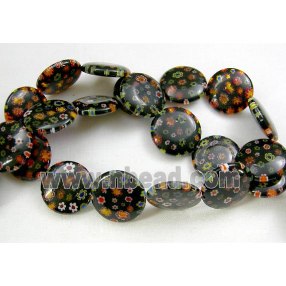 Millefiory Glass Beads, Coin Round, Multi Flower