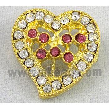 bracelet bar, alloy bead with rhinestone, heart, gold