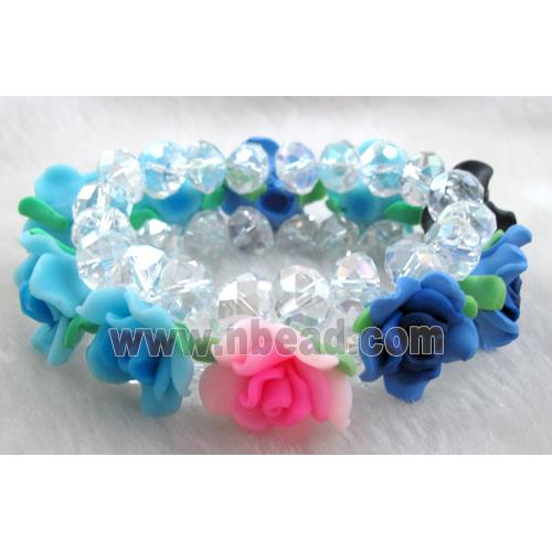 fimo clay bracelet with crystal glass, stretchy, mixed color
