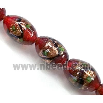 glass lampwork beads with goldsand, barrel, red