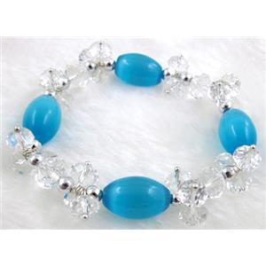 stretchy Bracelet with Chinese crystal beads, cat eye beads, 60mm dia, cat inchs eye bead: 11x18mm, glass bead:8mm