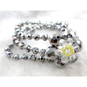 Chinese Crystal Glass Bracelet, silver plated, flower: 30mm dia, chain: 7 inch length