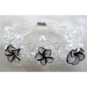 fimo clay bracelet with crystal glass, white, flower:16mm, approx 7 inch length